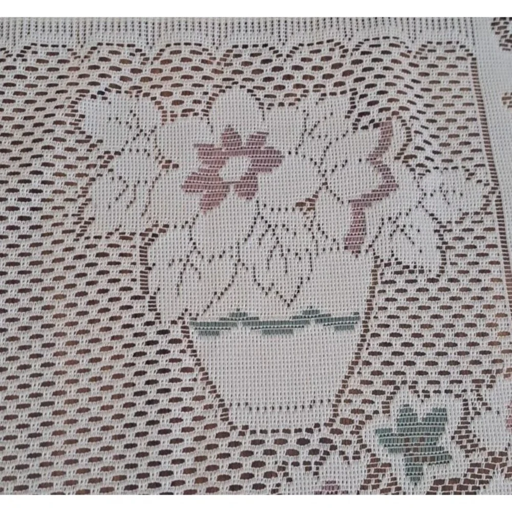 White Knit Lace Swag Curtains Arched Flower Bouquet 2 PC Pink Green 56x31